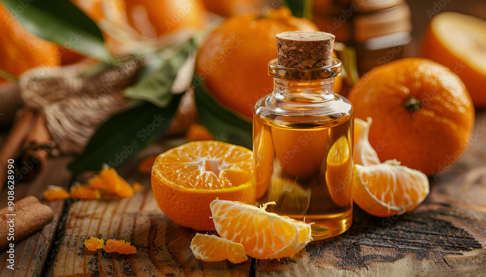 Wall mural Aromatic tangerine oil, with tangerines on a wooden background