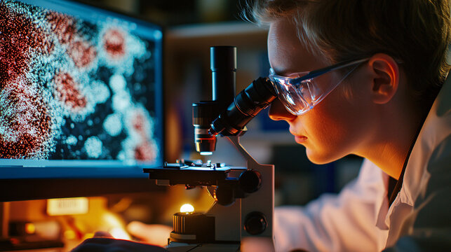 Photography of a scientist using a microscope to analyze cellular structures on a computer screen, with high-definition detail emphasizing the intricate details of the research and the scientist’s 