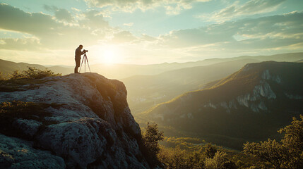 Photography of a photographer setting up a camera on a tripod in a scenic outdoor location, with UHD detail capturing the equipment setup and the surrounding landscape