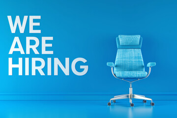 Modern office chair in vibrant blue color with "We Are Hiring" text on blue background. Ideal for recruitment ads, job vacancies, and professional opportunities.