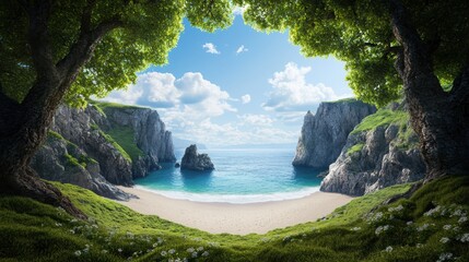 Fototapeta na wymiar A secluded beach cove with dramatic cliffs framing the coastline.