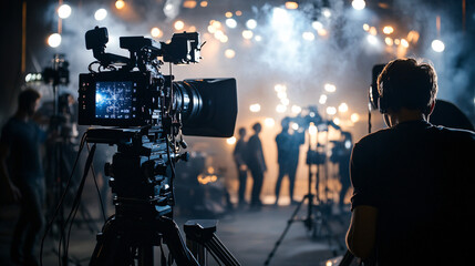 Photography of a director guiding the lighting setup for a scene, with high-definition detail capturing the careful adjustments and the collaborative effort with the crew 