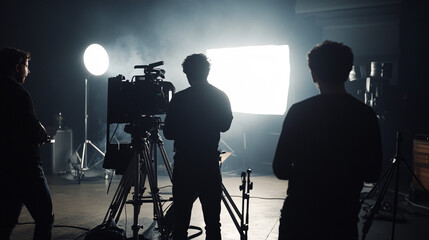 Photography of a director guiding the lighting setup for a scene, with high-definition detail capturing the careful adjustments and the collaborative effort with the crew 