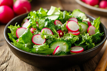 Fresh radish salad with greens served in rustic bowl