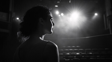 Photography of an actress delivering a monologue in a theater, with high-definition detail capturing the dramatic lighting and the engaging performance 