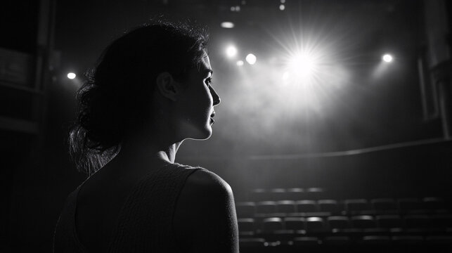 Photography of an actress delivering a monologue in a theater, with high-definition detail capturing the dramatic lighting and the engaging performance 