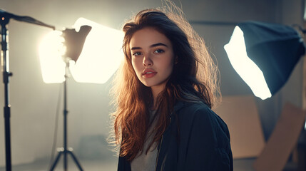 Photography of an actress in a dramatic pose on set, with 4K resolution capturing the detailed emotions and the dynamic set design 
