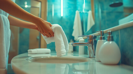 Photography of a maid tidying up a bathroom with polished fixtures and neatly arranged toiletries, with 4K resolution highlighting the meticulous cleaning and the modern bathroom decor 