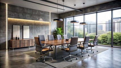 Fototapeta premium Front view of empty modern conference room with office table and chairs with dark cement wall in glass room, Generative AI
