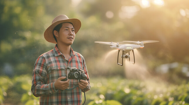 Smart farm, precision farming concept. Use drone for various fields like research analysis, terrain scan technology, monitoring soil hydration, yield problem, take photo and send data to the cloud