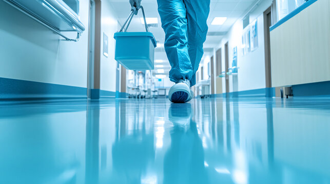 Photography of a cleaner sanitizing high-touch surfaces in a healthcare facility, with high-definition detail emphasizing the thorough disinfection and the clinical environment 