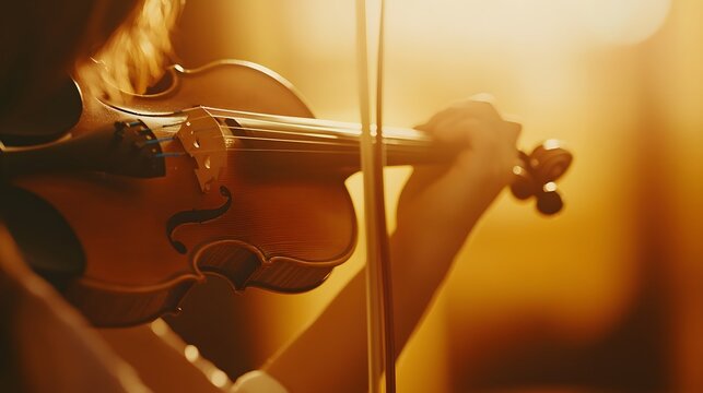 Close-up back view of a violinist playing, detailed curves of the violin and bow, blurred background with subtle warm tones, gentle sunlight creating a soft glow, artistic and classic style,