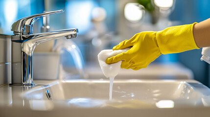 Photography of a housekeeper scrubbing a bathroom sink with gleaming fixtures, with UHD clarity highlighting the sparkling clean surfaces and the meticulous cleaning 