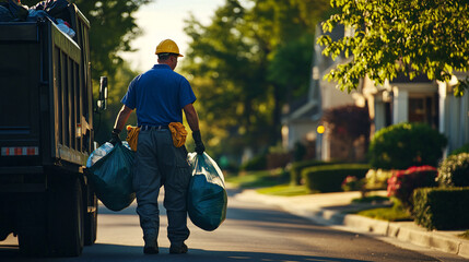 Fototapeta premium Photography of a garbage collector loading bags of trash into a truck on a suburban street, with UHD clarity highlighting the efficient collection and the tidy neighborhood 