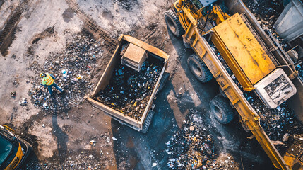 Photography of a garbage collector emptying a large dumpster into a waste truck, with UHD clarity showcasing the heavy machinery and the efficient operation 