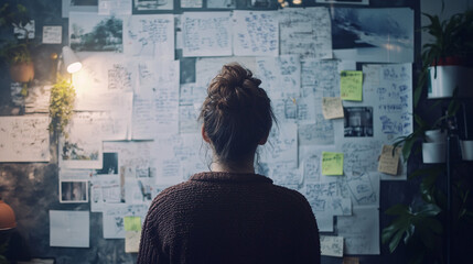 Photography of a writer brainstorming ideas with a whiteboard covered in notes and sketches, with UHD clarity showcasing the creative process and the inspiring setting 