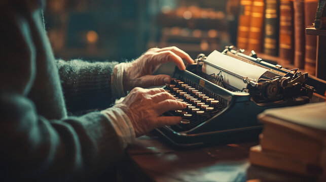 Photography of a writer using a vintage typewriter in a nostalgic study, with UHD detail showcasing the classic machine and the timeless charm of the setting 