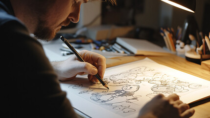 Photography of a cartoon writer sketching characters at a drawing desk, with UHD detail capturing the creative process and vibrant illustrations 