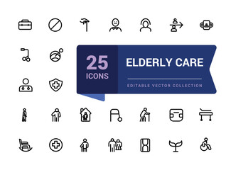 Elderly Care icon pack. Set of outline icons related to retirement. Minimalist thin linear web ui icon set. Simple editable vector stroke illustration.