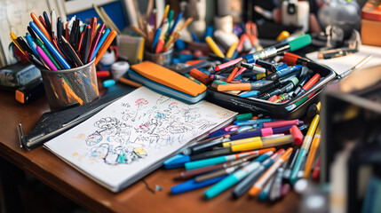 Photography of a close-up of a cartoon writer's desk cluttered with colorful markers and sketches, with high-definition detail emphasizing the creative chaos and tools of the trade 