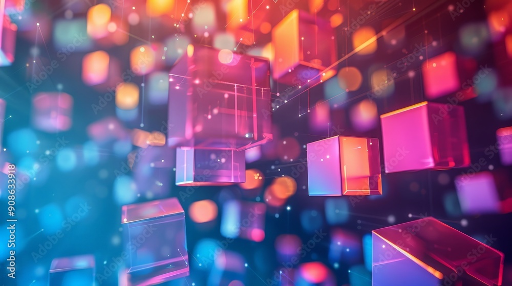 Poster holographic 3d cubes rotating in space, creating a dynamic and futuristic backdrop for digital prese