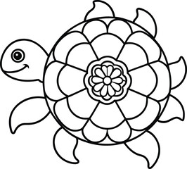 Turtle Coloring Page for Kids Simple Art with Geometric Flower Mandala Pattern
