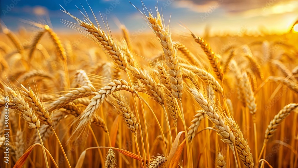 Sticker Closeup of golden barley and wheat plants in a field, closeup, golden, barley, wheat, plants, field, agriculture, crop