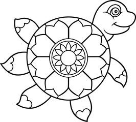 Kids Friendly Turtle Coloring Page Simple Line Art with Geometric Flower Mandala