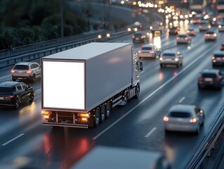 White cargo truck on a crowded highway with lots of traffic during sunset. Blank Truck Advertising Mockup.	