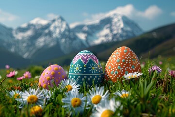 Beautifully Decorated Easter Eggs Amid Blooming Daisies in Snow-Capped Mountain Meadow - Perfect for Spring Holiday Designs