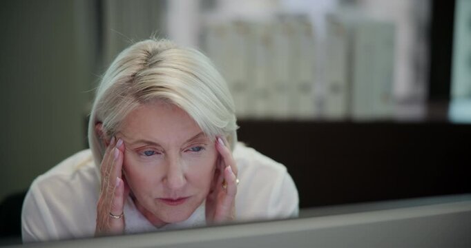 Mature, business woman and corporate with glitch, computer or work for research and employee in office. Female person, technology and stress in project management, admin or progress report in company