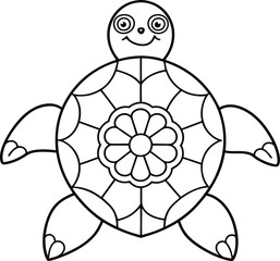 Kids Friendly Turtle Coloring Page Simple Line Art with Geometric Flower Mandala