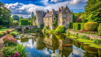Obraz premium Castle where the fairy tale princess lives surrounded by lush gardens and a moat, castle, fairy tale, princess, royal