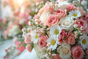 Obraz premium Elegant Floral Bouquet of Pink and White Roses, Daisies, and Baby s Breath - Perfect for Weddings or Celebrations