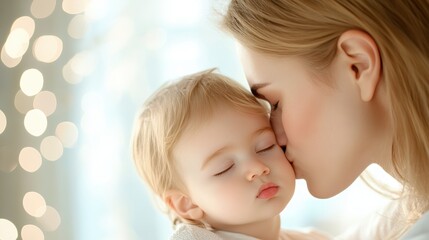 A parent tenderly kissing their sleeping child, capturing the unconditional love and protectiveness of parenthood.