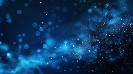 Dark blue background features glowing particles in various shapes and sizes creating a futuristic,...