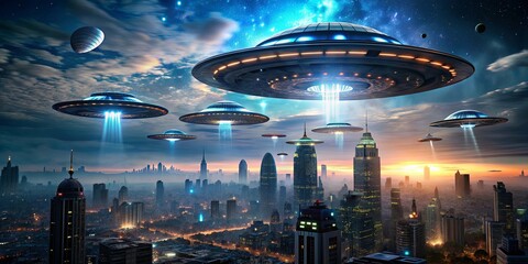 UFO alien invasion with extraterrestrial ships hovering over a city at night, alien, invasion, extraterrestrial, UFO