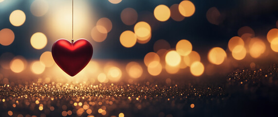 A red heart is hanging from a string in a blurry background. The heart is the main focus of the image, and the blurry background adds a sense of movement and energy to the scene