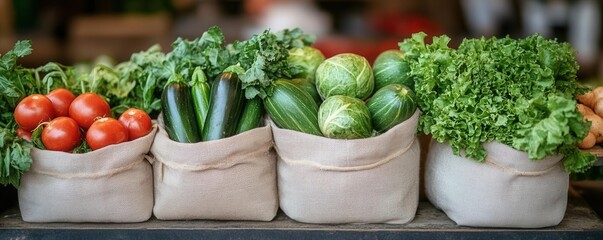 A vibrant display of fresh vegetables in canvas bags, showcasing tomatoes, cucumbers, and leafy greens, perfect for healthy cuisine.