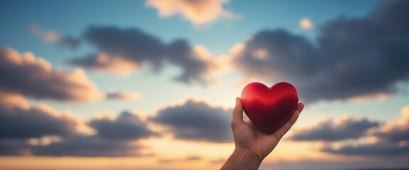 A hand holding a red heart in front of a cloudy sky. The heart is the main focus of the image, and the cloudy sky adds a sense of depth and atmosphere to the scene. The image conveys a feeling of love