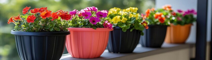 Fototapeta premium Colorful flower pots arranged on a balcony, displaying vibrant blooms and adding charm to outdoor spaces.