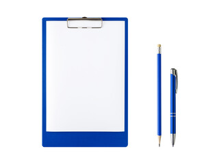 Blue clipboard with blank white paper, wooden graphite pencil and ballpoint pen isolated on white