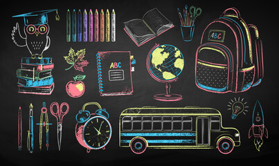 Vector color chalk drawn illustration collection of education items on chalkboard background.
