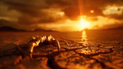 A crab is laying on the ground in a desert