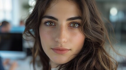Close-up portrait of a young Greek female manager with a professional expression, in a modern office setting.