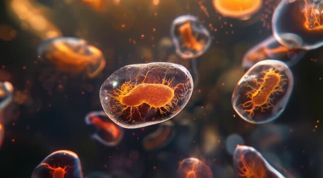  A close-up microscopic image of the protozoan Toxoplasma. 