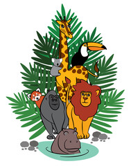 A collection of wild animals including a giraffe, hippopotamus, lion, gorilla, red panda, koala, and a toucan on a background of green foliage