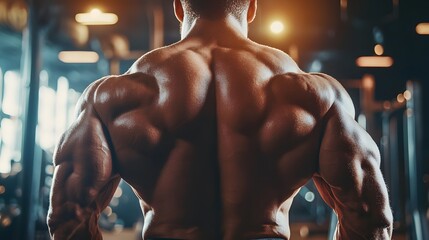 Close-up of a muscular back during a deadlift, detailed muscle definition and texture, strong gym lighting creating deep contrasts, realistic and intense style, focused and determined mood
