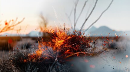 A fire has burned through a field of grass and trees
