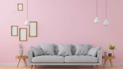 Minimalist Living Room with Pink Wall and Gray Sofa